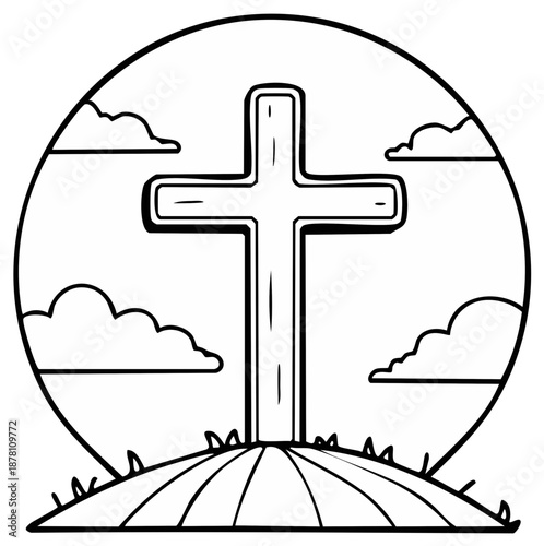 Black and White Line Drawing of a Christian Cross on a Hilltop with Clouds