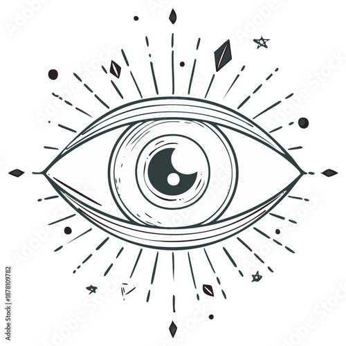 All Seeing Eye With Radiating Rays and Celestial Elements, Outline Style Illustration
