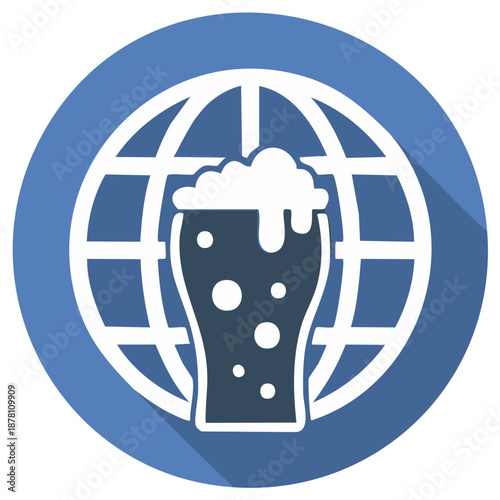 Beer glass with foam against a globe, international brewing concept.