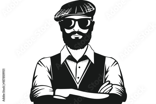 Bearded man in vest and cap with arms crossed stares intensely forward