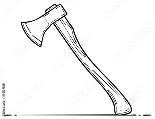 Illustration of a hatchet with a wooden handle in black and white