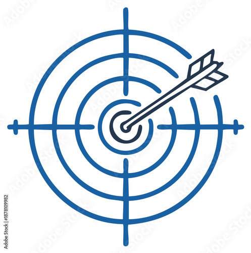 Hand drawn arrow hitting the center of a target bullseye icon concept of success and goals