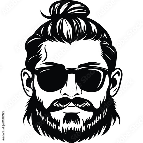 Bearded man silhouette wearing sunglasses and a hair bun presents a stylish monochrome look