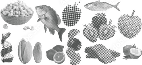 Halftone Vintage Collage of Fruits, Vegetables, Seafood and Grains in Retro Pop Art Dot Pattern Style