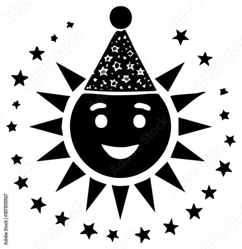 Stylized sun with party hat surrounded by stars, black and white illustration