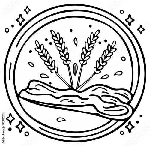 Drawn illustration of wheat and bread inside a decorative circular frame.