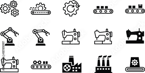 Industrial icon set, 15 black vector illustrations of gears, conveyor belts, robotic arms, sewing machines, and factories