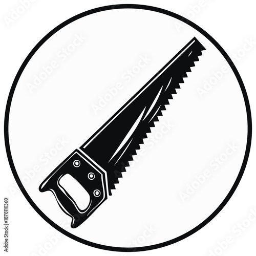 Hand saw tool icon illustration in black and white, carpentry equipment for woodworking