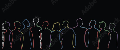 Many people crowd concept on black background, diverse group of human silhouettes, social community, population and society theme, abstract contemporary illustration