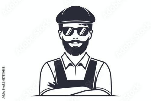 Bearded man wearing a cap and sunglasses is standing with folded arms confidently