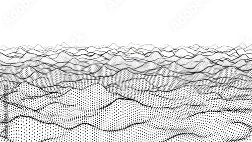 Digital topography dots form a landscape pattern showing hills and valleys in black and white design