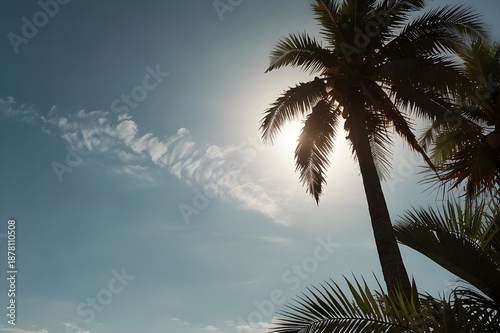 Copy space of tropical palm tree with sun light on sky background Generative Ai