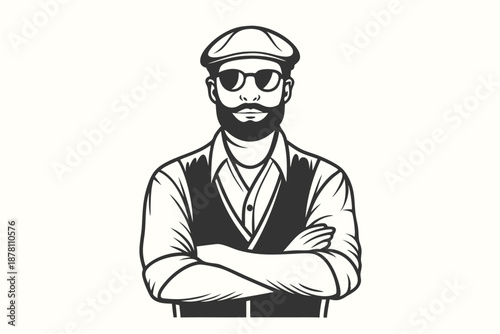 Bearded man wearing sunglasses and cap stands with arms crossed confidently in monotone