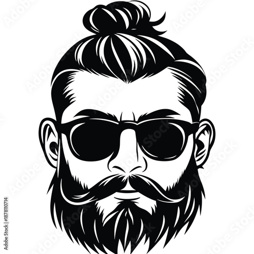Bearded man with a top knot and sunglasses looks stylish in black and white