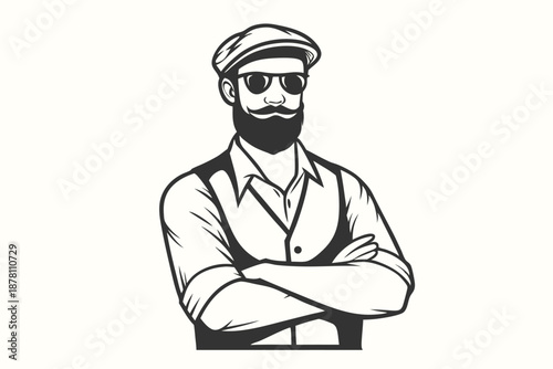 Bearded man with a cap and sunglasses stands confidently with arms crossed in monochrome