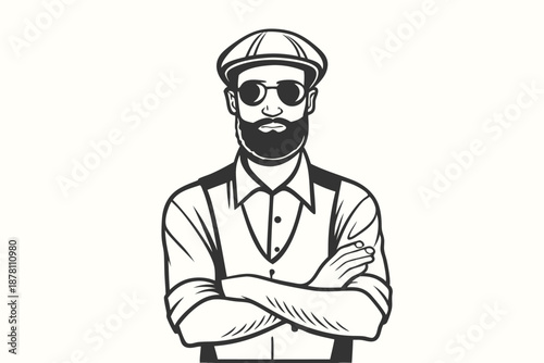 Bearded man with sunglasses and hat stands confidently with folded arms against a clean background
