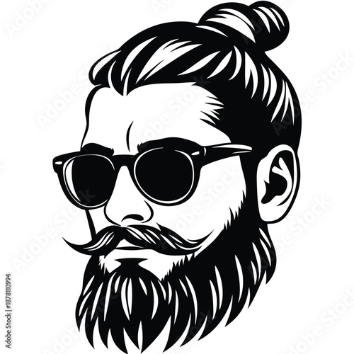 Bearded man with sunglasses shows his distinctive mustache and hairstyle in black