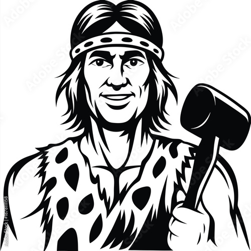 Black and white drawing shows smiling neanderthal man holding a hammer over his shoulder