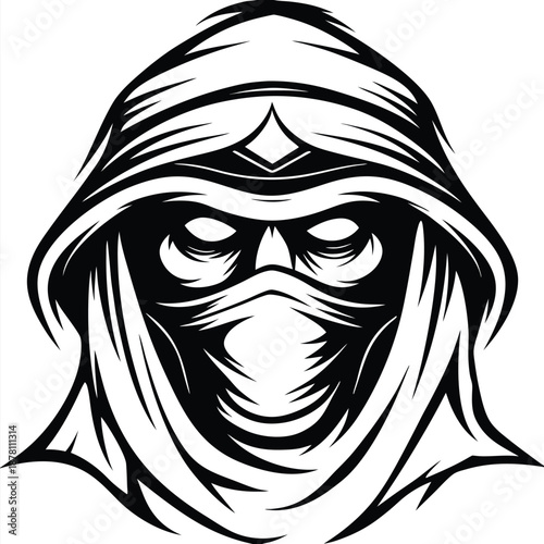 Black and white stylized masked figure shrouded with hood has mysterious, strong presence