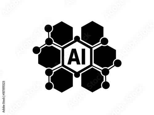 A simple but stylish artificial intelligence or AI silhouette hexagonal structure icon in black and white
