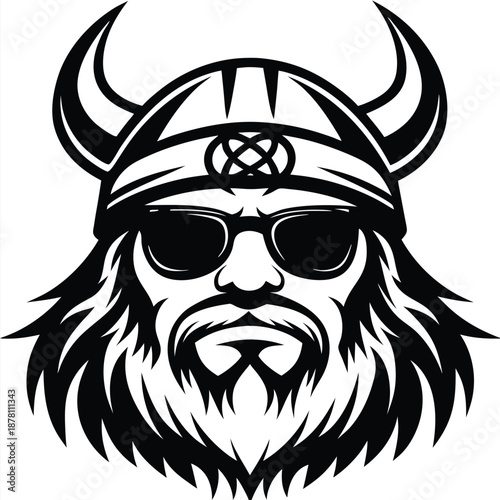 Black and white viking face with beard and sunglasses wearing a horned helmet