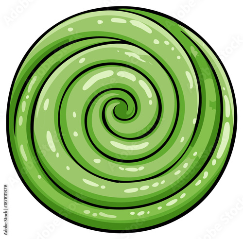 Swirled mint candy, illustration of green spiral peppermint candy with black outline, circular peppermint sweet