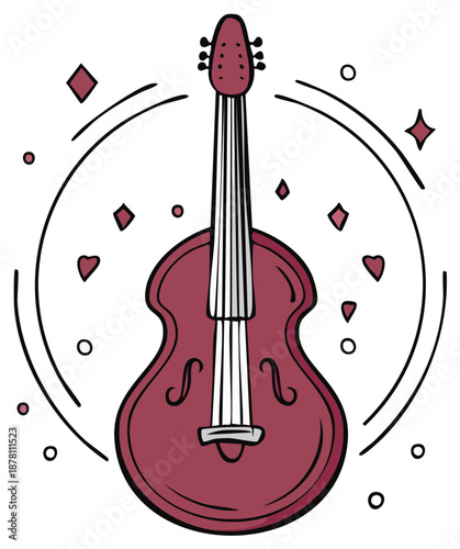 Classic String Bass Instrument in Rich Burgundy Hue Adorned with Elegant Decorative Arcs Hearts and Diamonds