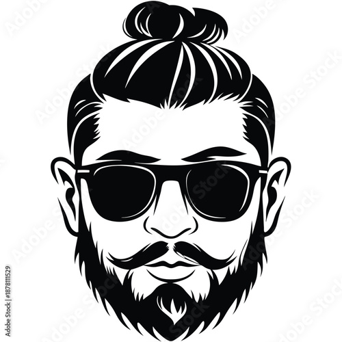 Black outline shows a man with a beard, mustache, sunglasses and a bun