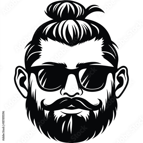 Black silhouette portrait of a bearded man wearing sunglasses and a top knot hairstyle