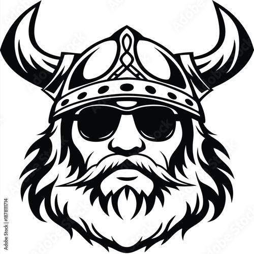 Black stylized Viking warrior head wearing horned helmet and sunglasses seems formidable