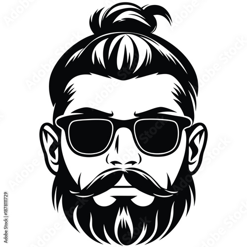 Bold hipster head shows a cool man bun, mustache, beard and sunglasses