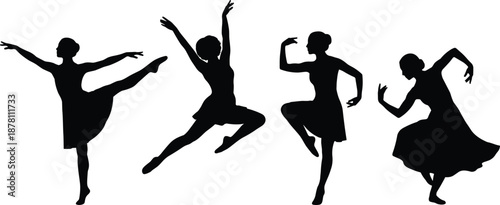 Female dancer silhouette set showing ballet and contemporary dance poses with elegant jumps and expressive movement, black vector illustration collection for performance, fitness, and creative design