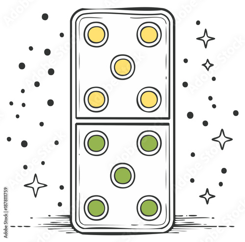 Illustrated Domino with yellow and green dots surrounded by stars and decorative dots