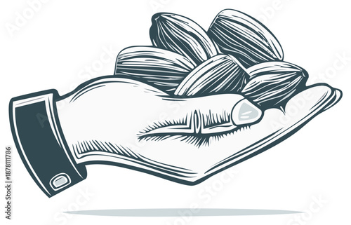 Close up of a hand holding a bunch of plump sunflower seeds presented in a simple line drawing style