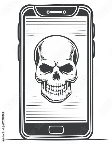 Skull showing on smartphone screen, vector illustration of mobile phone with skull image.