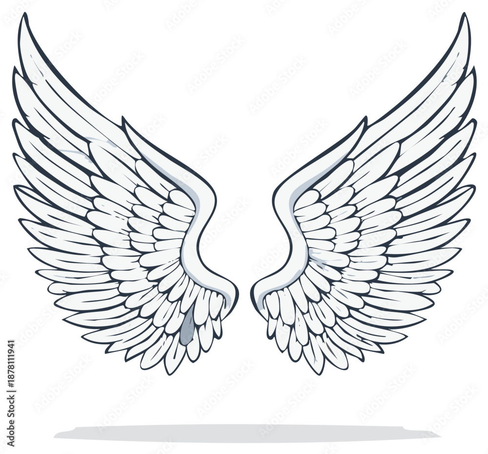 Obraz premium Stylized illustration of spread white feathered wings with dark outlines and a subtle shadow