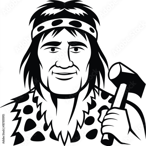 Cartoon caveman smiles with crude hammer, featuring a spotted animal pelt and wild hair