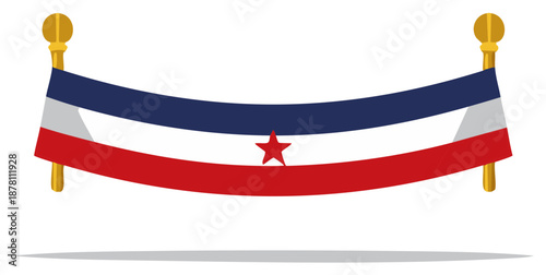 Serbian flag waving on poles with golden finials, tricolor design with red star.