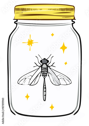 Firefly caught in jar with lid and light stars for summer nights vector art