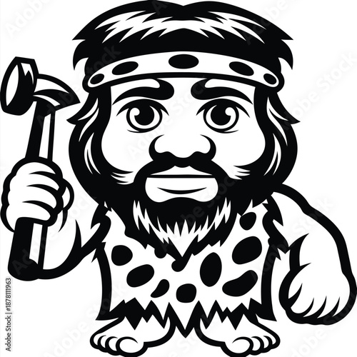 Cartoon caveman with a beard and headband is holding a hammer in monochrome