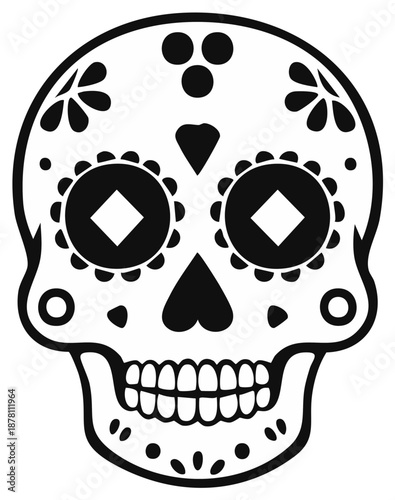Intricate Black and White Sugar Skull Illustration for Day of the Dead Celebrations