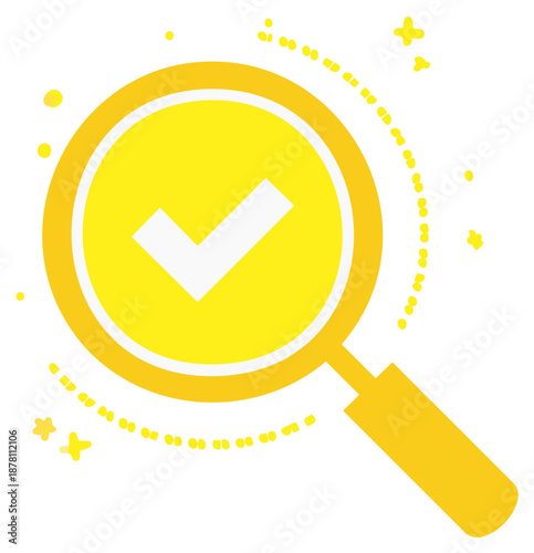 Gold magnifying glass with check mark in the middle, vector illustration