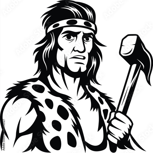 Caveman with fierce gaze stands holding mallet in monochrome art illustration proudly and confidently