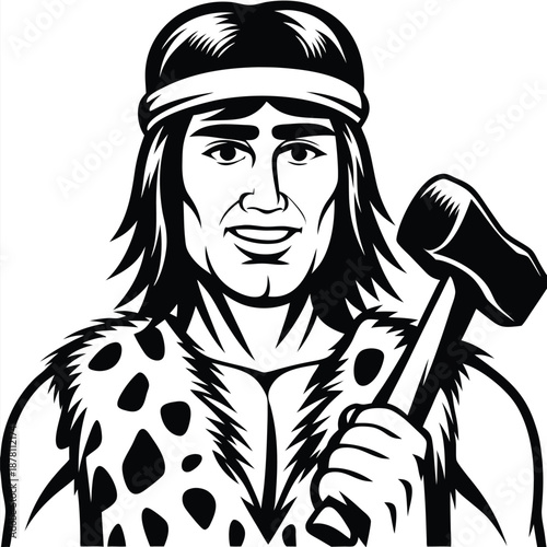 Caveman with headband smiles and holds a hammer, wearing a spotted animal skin garment