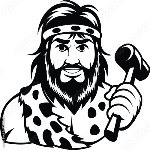 Caveman with headband smiles while holding a club wearing animal skin clothing in black and white