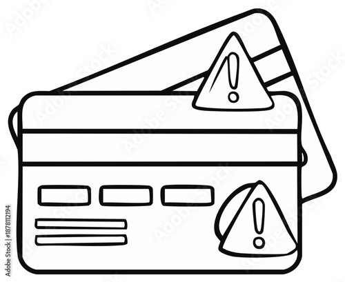 Credit cards with exclamation mark, drawing representing online fraud alert and warning signs of internet security risks
