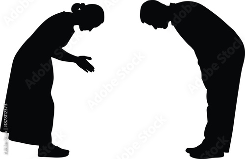 Silhouettes of man and woman bowing to each other in gesture of respect, apology, gratitude, and greeting, representing cultural tradition, humility, and social etiquette concept.