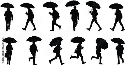 Silhouettes of people walking and running with umbrellas in rain, showing urban lifestyle, weather protection, commuting, motion, and everyday city life concept.