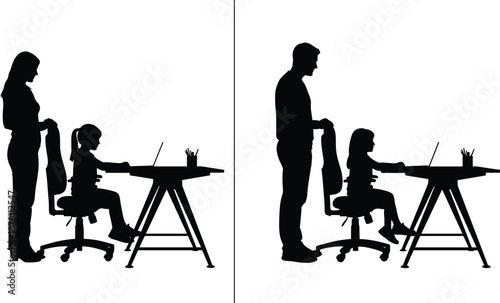 Split screen comparison of mother and father helping child with homework at desk, illustrating parenting roles, education support, family responsibility, and modern lifestyle balance.