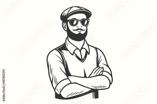 Confident bearded man with arms crossed wears a newsboy cap and retro sunglasses